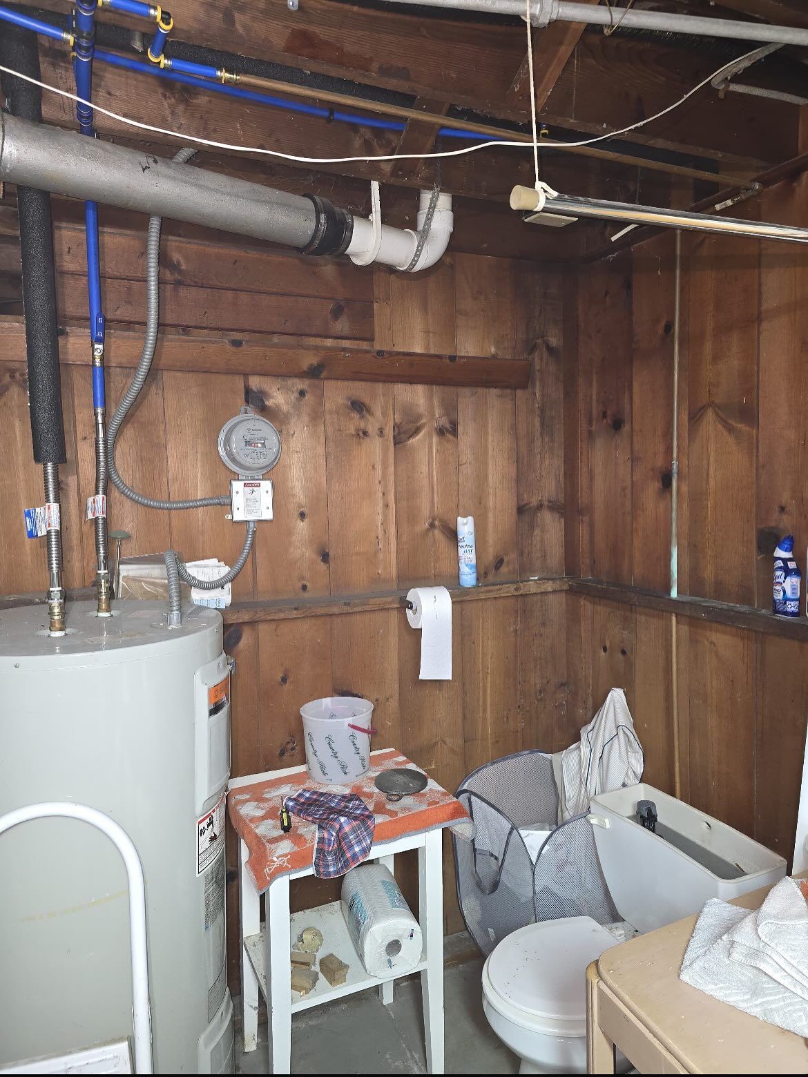 Small basement utility room with water heater, exposed pipes, wood paneling, and a small sink and toilet area.