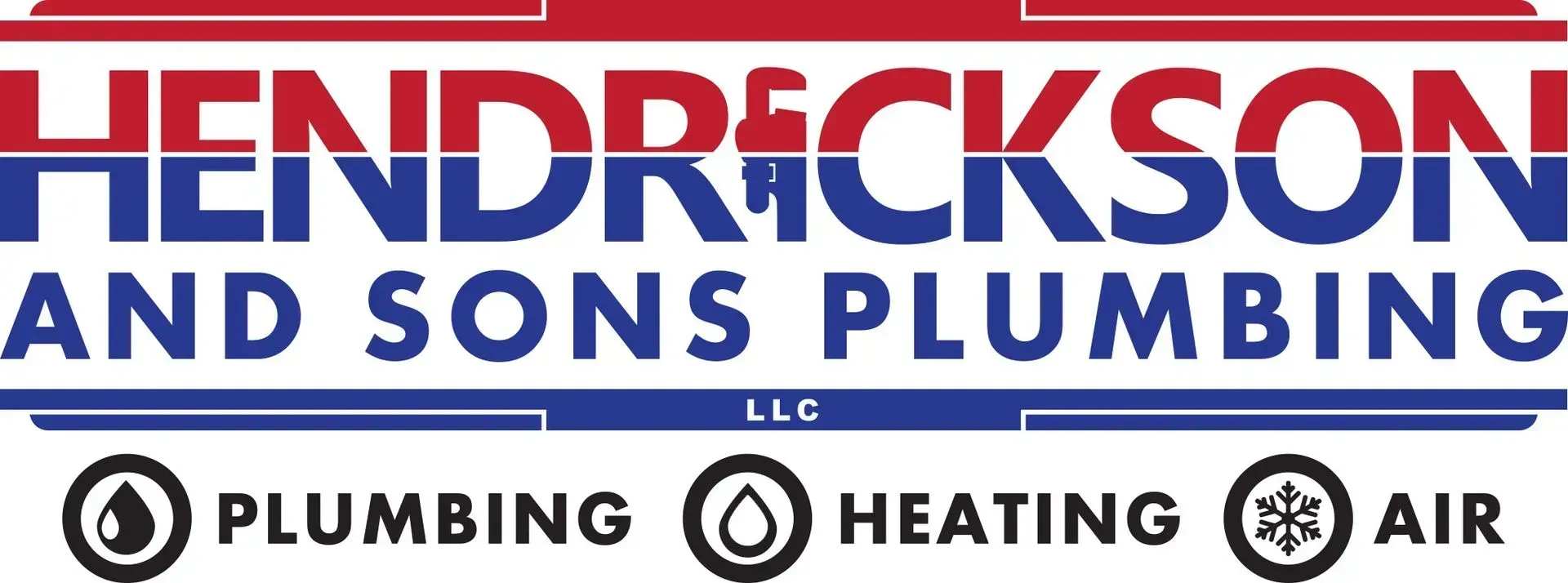 Hendrickson and Sons Plumbing logo with red, blue, white, and black text for plumbing, heating, and air services