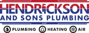 Hendrickson and Sons Plumbing logo with red, blue, white, and black text for plumbing, heating, and air services