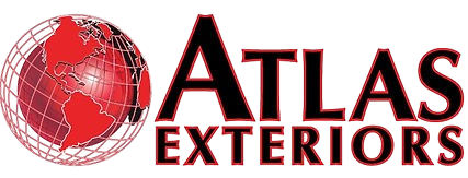 Atlas Exteriors logo with red globe icon and black-red text