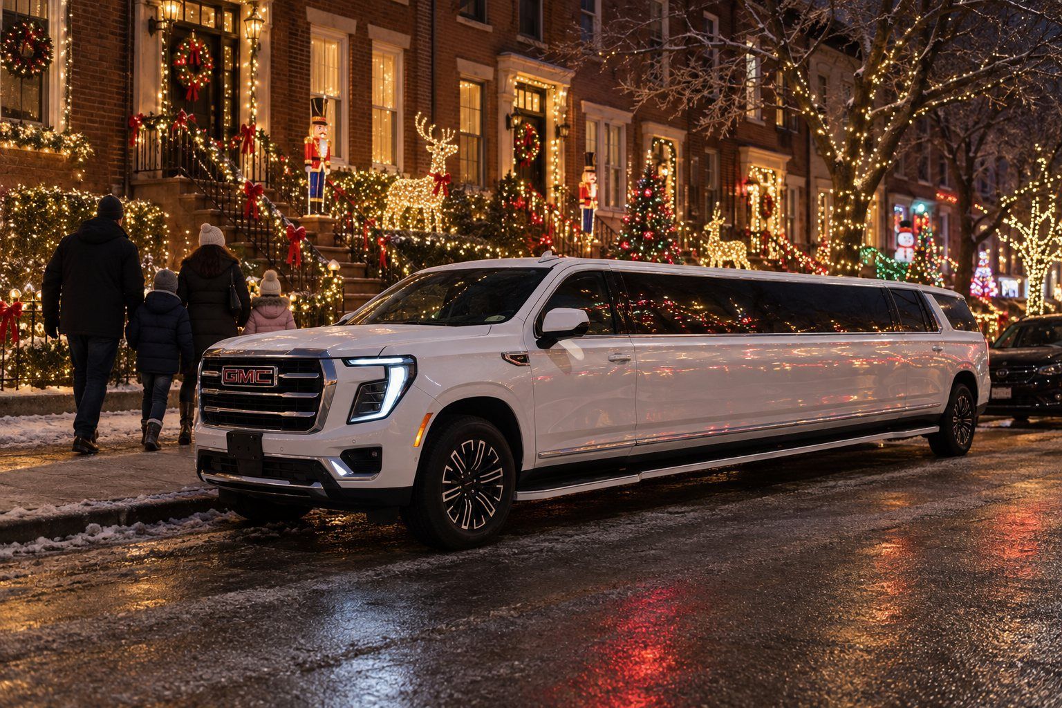 White RPD Limousine GMC Yukon stretch on a Dyker Heights street lit for Christmas - NYC holiday lights tour from NJ