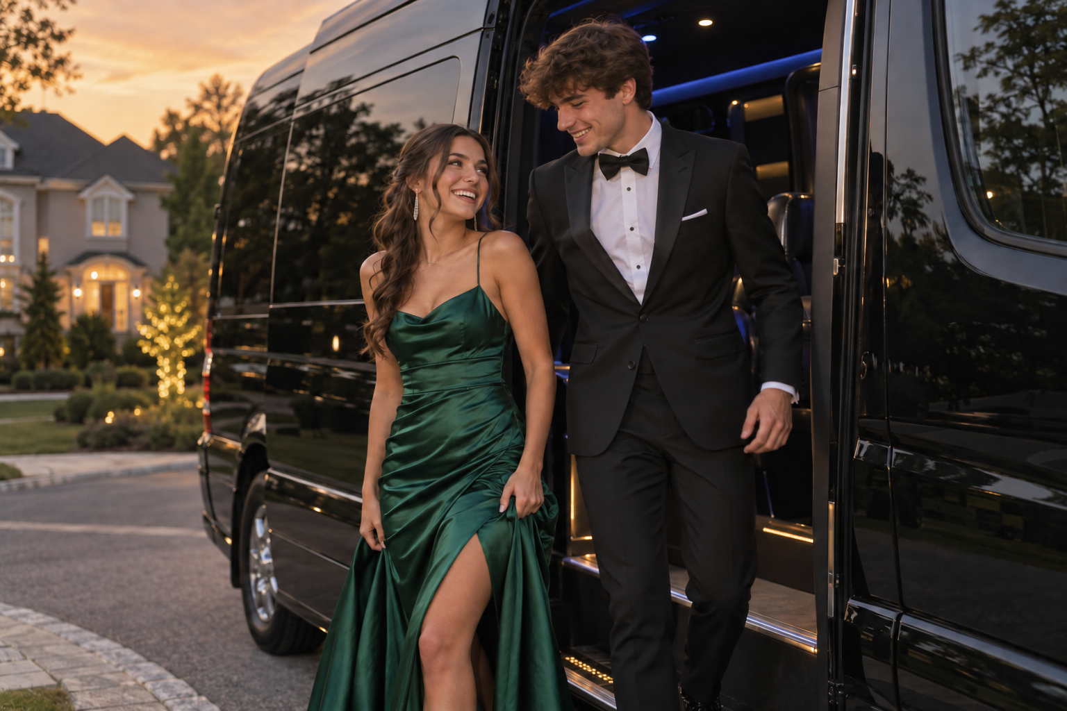Prom couple stepping out of an RPD Limousine Sprinter party bus at golden hour - prom limo NJ