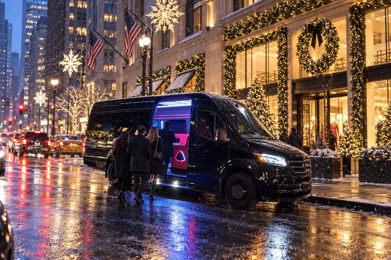 Group boarding a black RPD Limousine Maybach Sprinter party bus on a Midtown Manhattan avenue decorated for the holidays