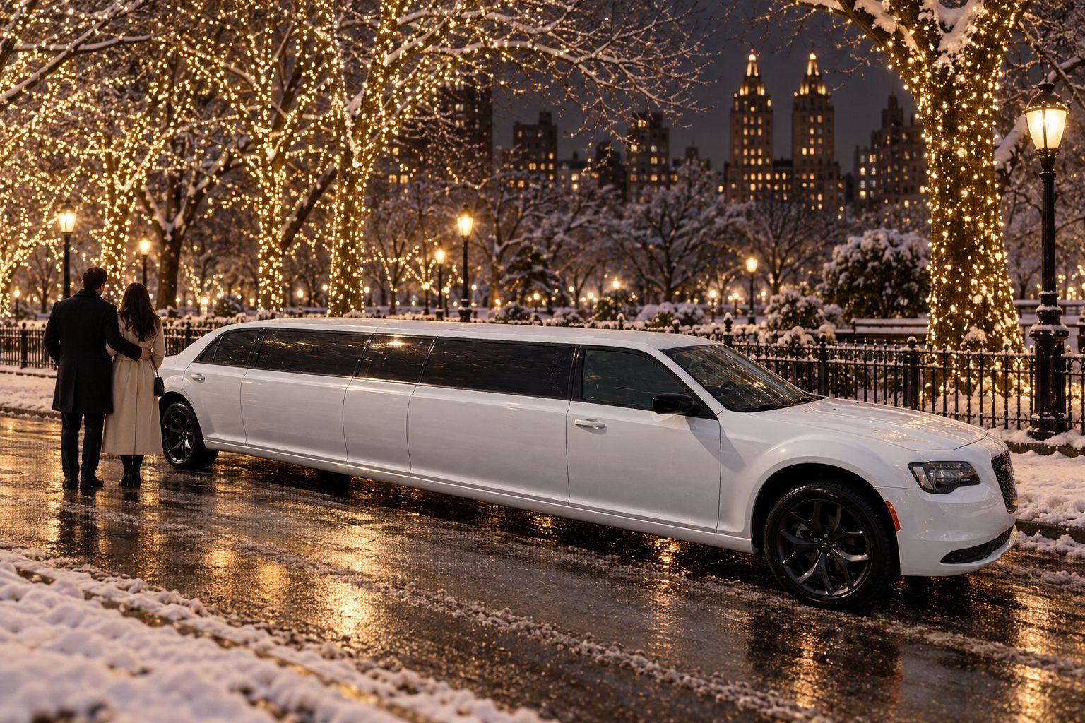 Couple beside a white RPD Limousine Chrysler 300 stretch next to a park with trees wrapped in holiday lights