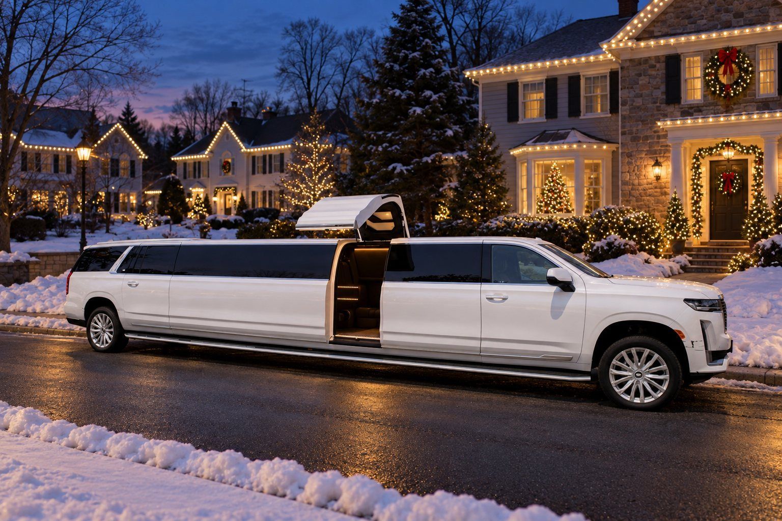 White RPD Limousine Cadillac Escalade stretch with jet door open on a snowy New Jersey street at dusk with Christmas lights