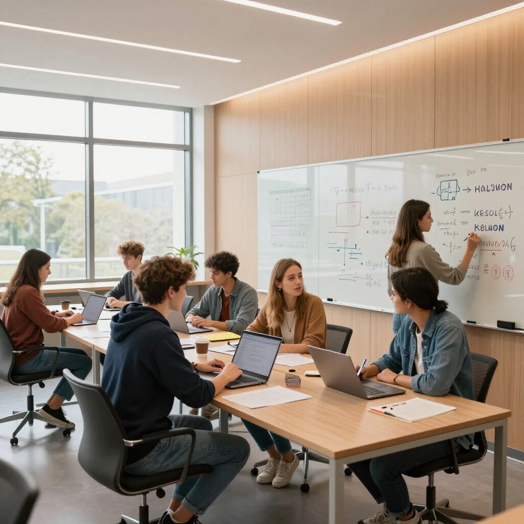 People in a modern classroom collaborate at tables while a teacher writes on a whiteboard.