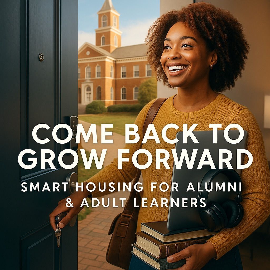Smiling student at doorway with books, campus building behind, text: “Come Back to Grow Forward”
