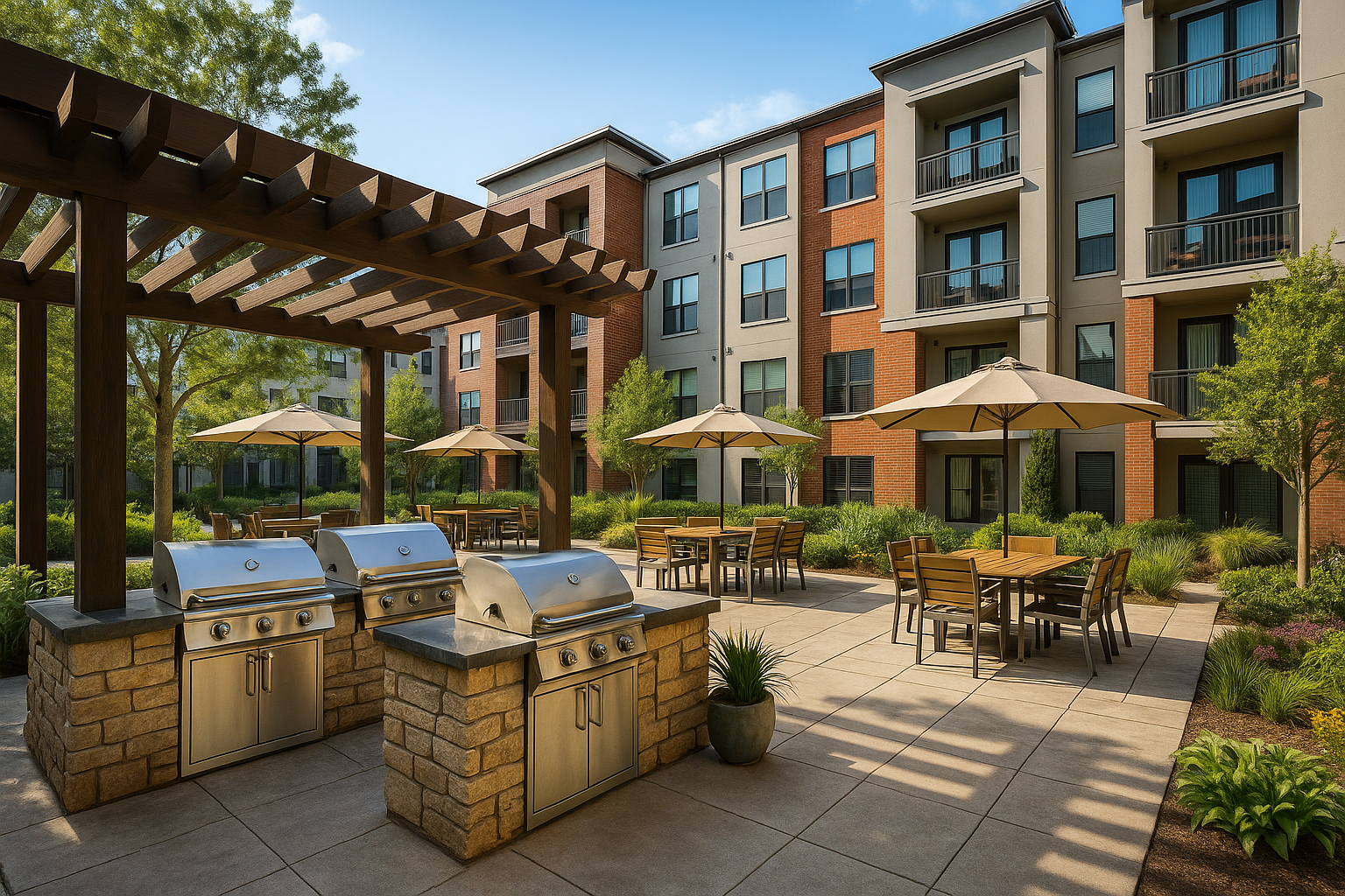 Outdoor patio with grills, tables, umbrellas, and a pergola beside a brick apartment building
