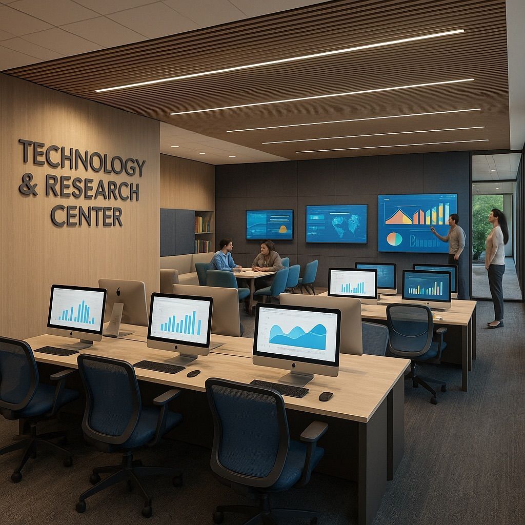 Modern technology and research center with people at computers and wall-mounted data displays