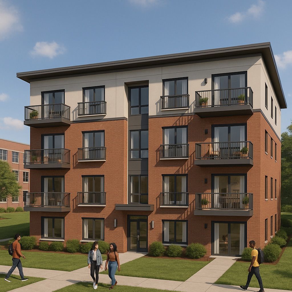 Modern brick apartment building with balconies and people walking on the sidewalk