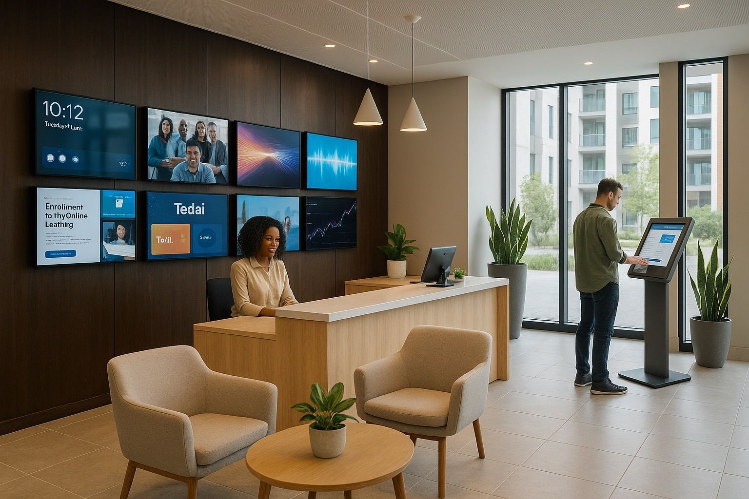 Modern office lobby with reception desk, wall display screens, chairs, plants, and a person using a kiosk