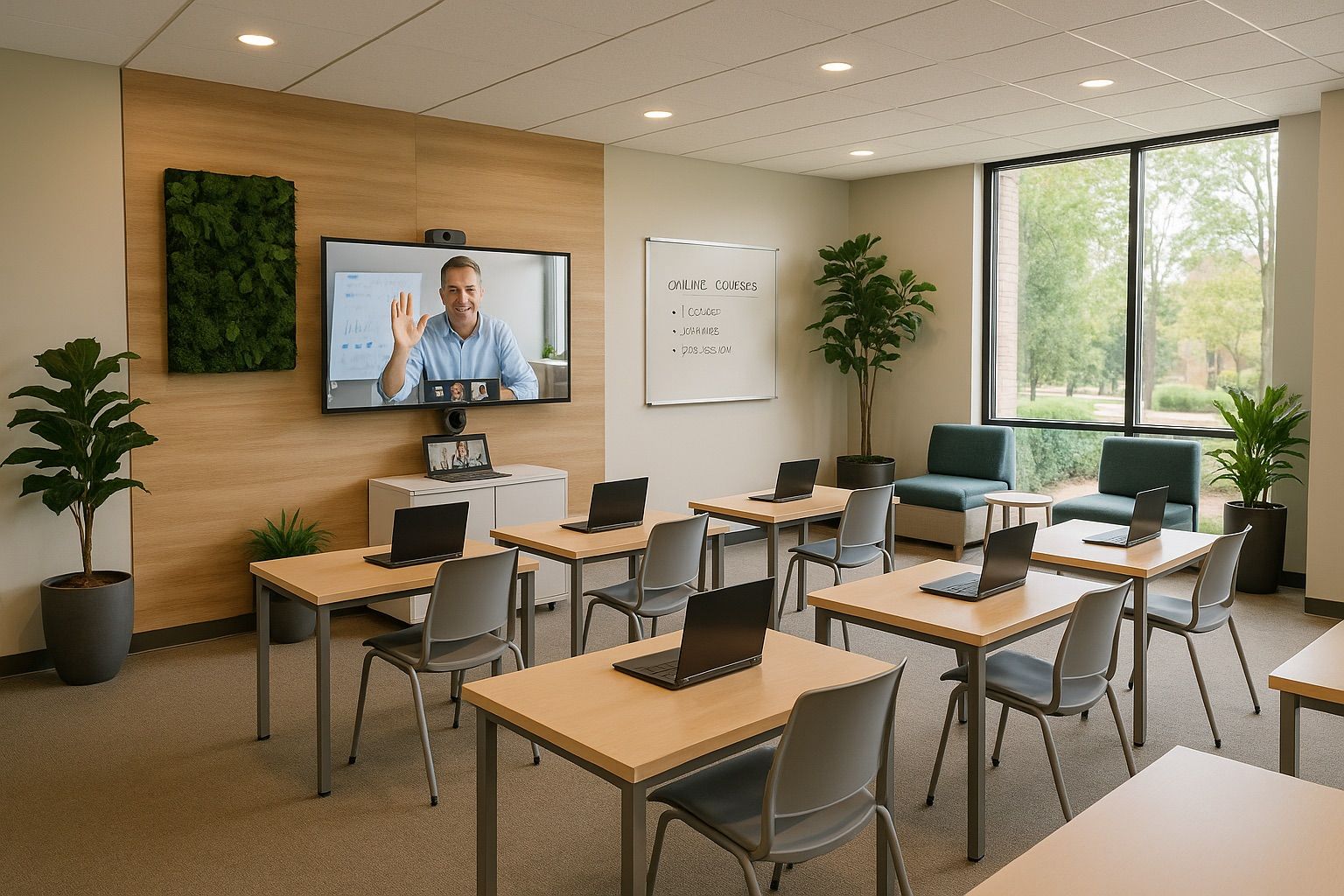 Empty classroom with desks facing a wall-mounted screen showing a presenter during a video lesson