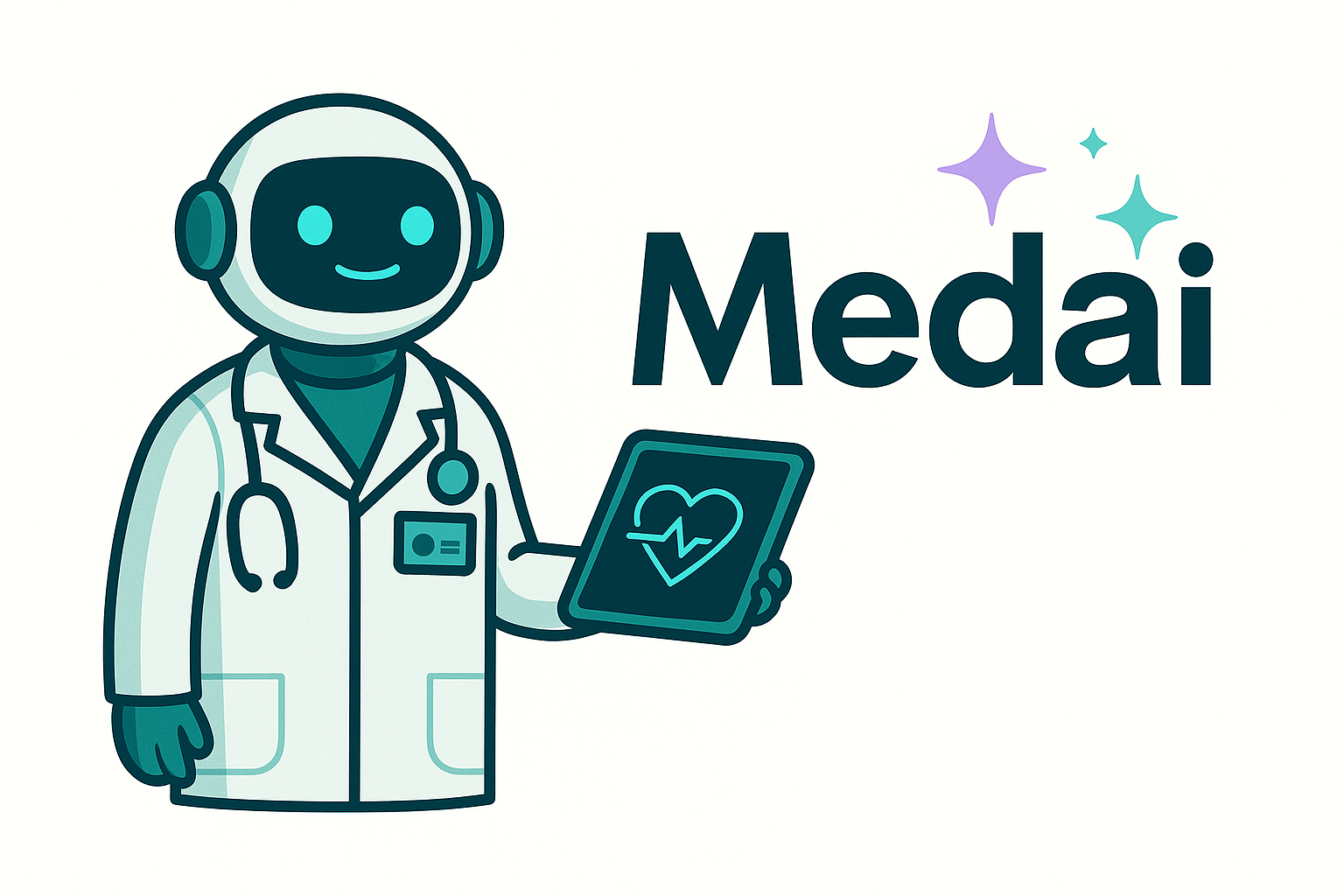 Medai logo with a smiling robot doctor holding a tablet displaying a heartbeat icon