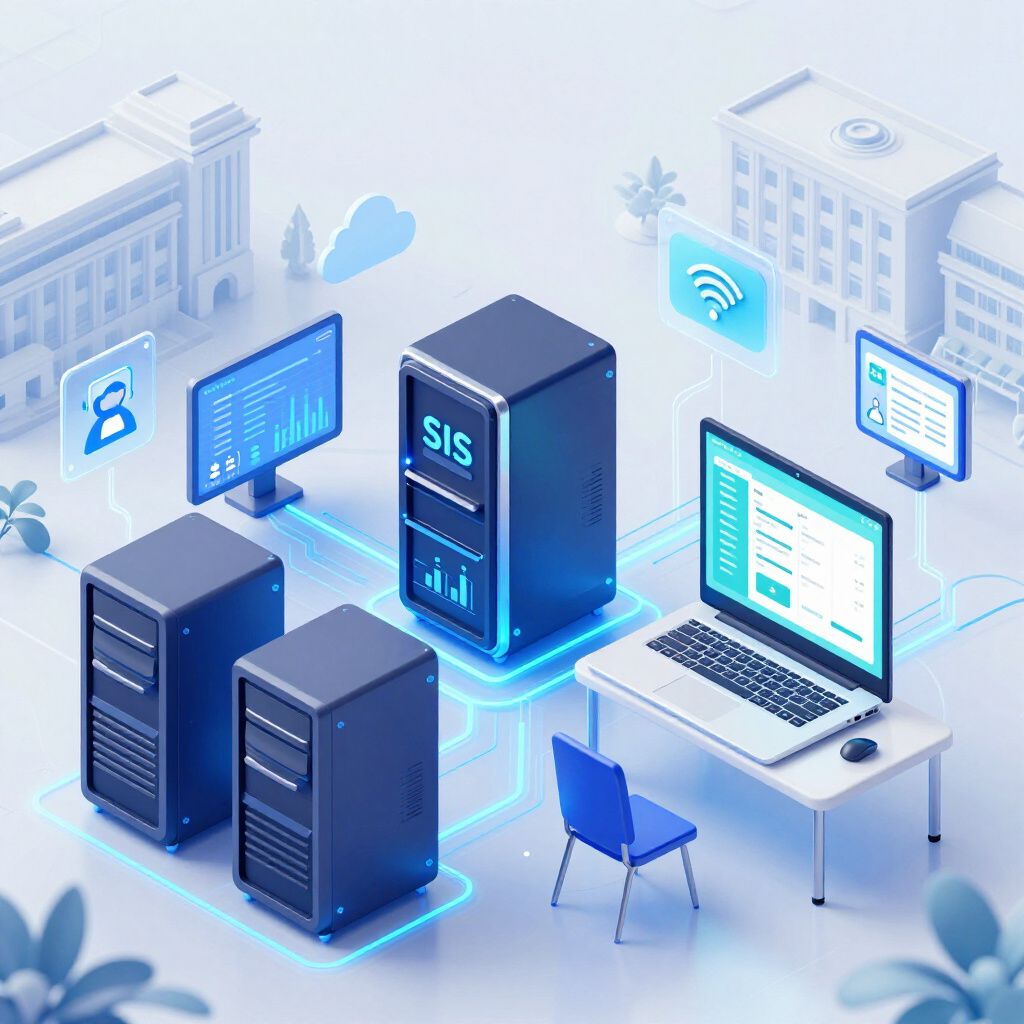 Cloud-based IT dashboard with servers, laptop, and network icons in a blue office scene