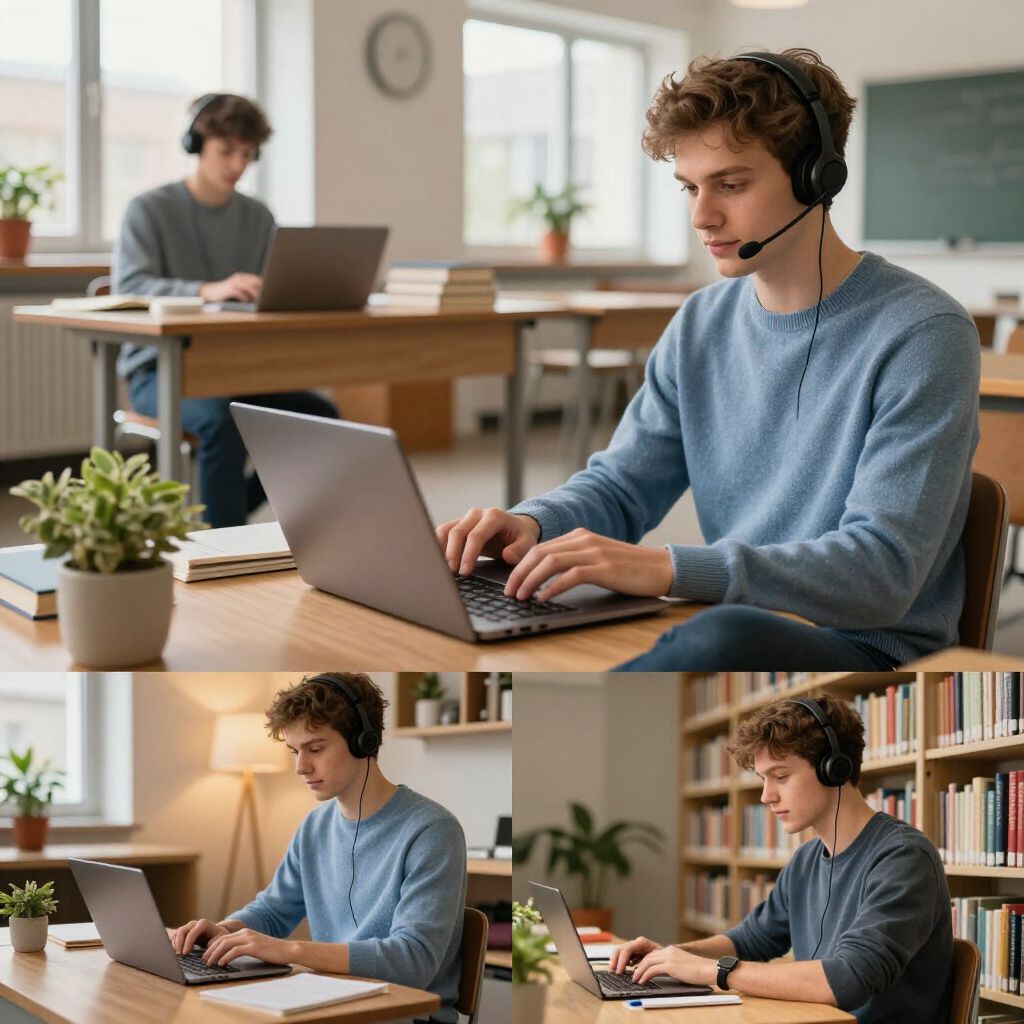 Students working on laptops in a bright classroom, with a headset-wearing person in the foreground