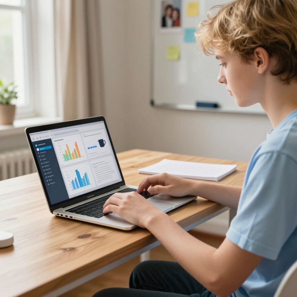 Student using a laptop at a desk, reviewing charts in a bright classroom