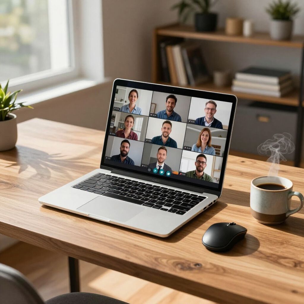 Laptop on a wooden desk showing a video conference grid beside a coffee mug and mouse