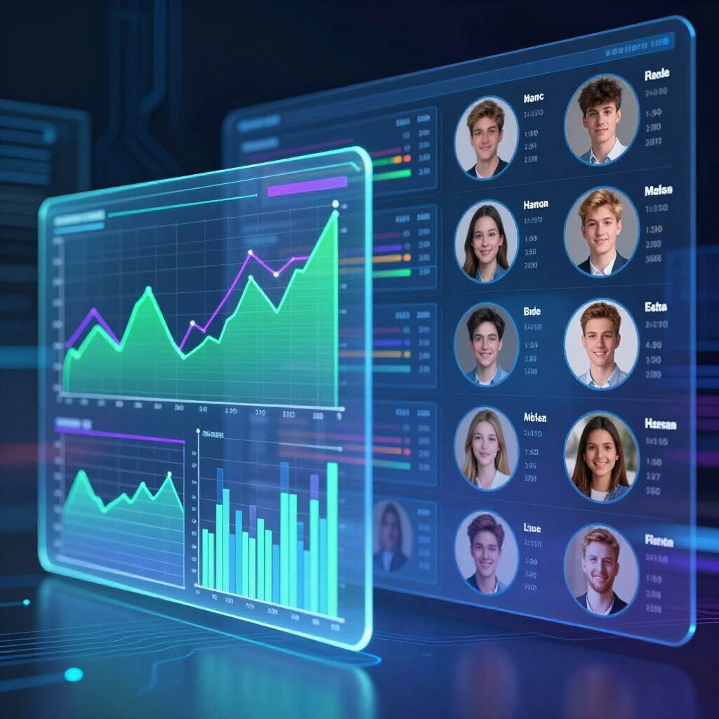 Blue analytics dashboard with line and bar charts beside a profile list on a digital screen