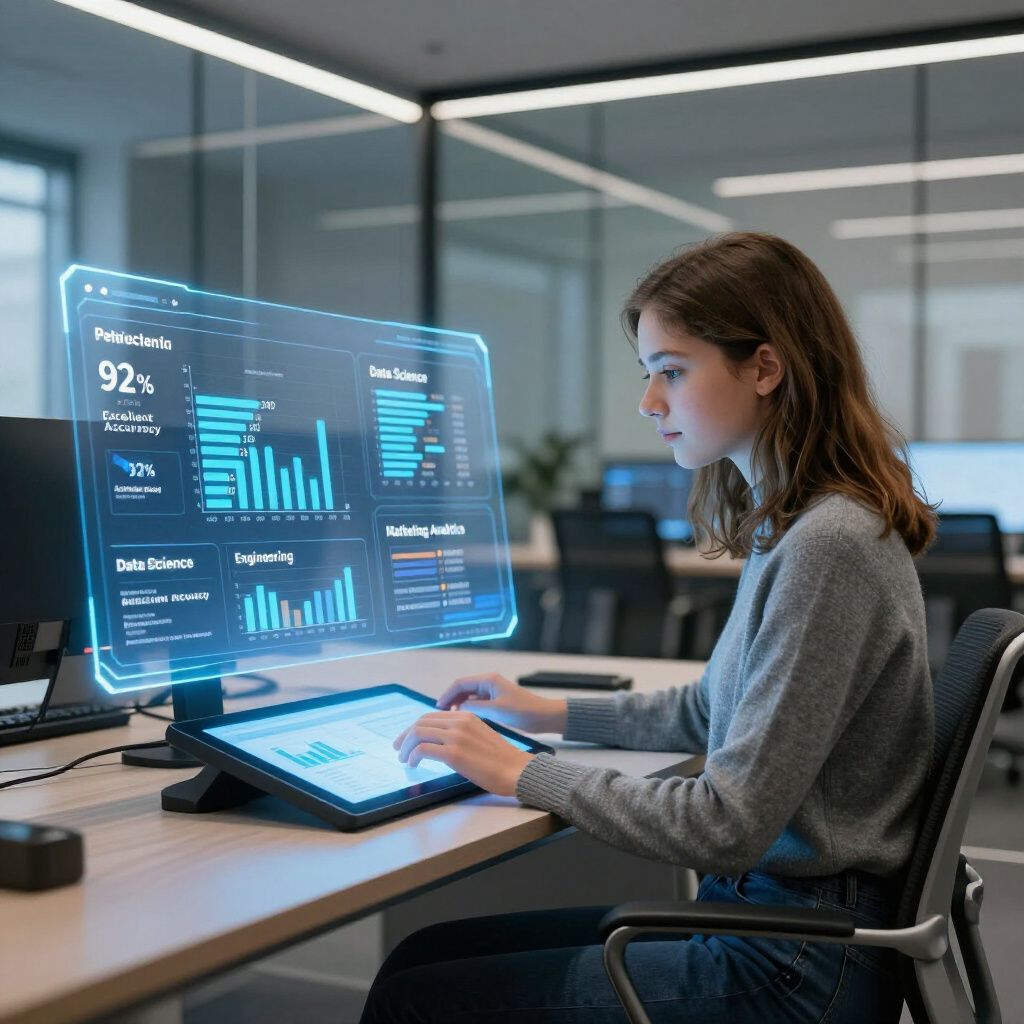 Woman using a tablet at a desk beside transparent blue data dashboards in a modern office