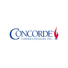 The concorde career colleges inc. logo is blue and red with a flame.
