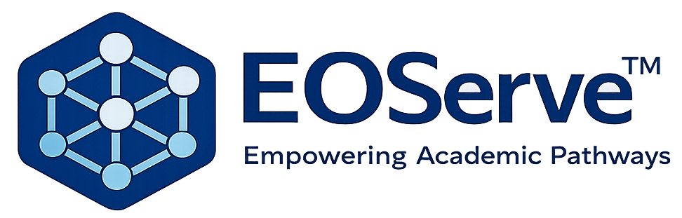 EOServe logo with blue hexagon network icon and tagline “Empowering Academic Pathways”