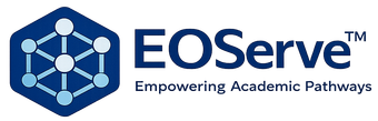 EOServe logo with blue hexagon network icon and slogan “Empowering Academic Pathways”