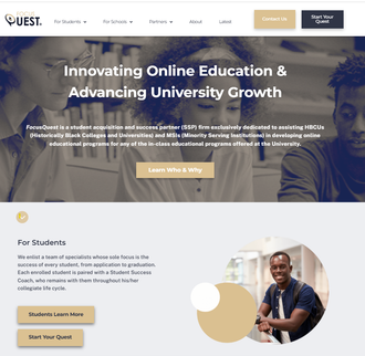 University website homepage with hero banner, “Innovating Online Education & Advancing University Growth” and student section