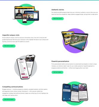 Website section showing multiple smartphone app mockups with short feature descriptions and green buttons.
