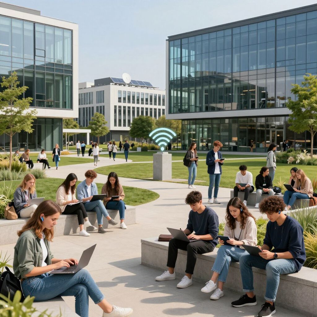 Students using laptops on a campus lawn between modern glass buildings, with a Wi‑Fi symbol in the center.