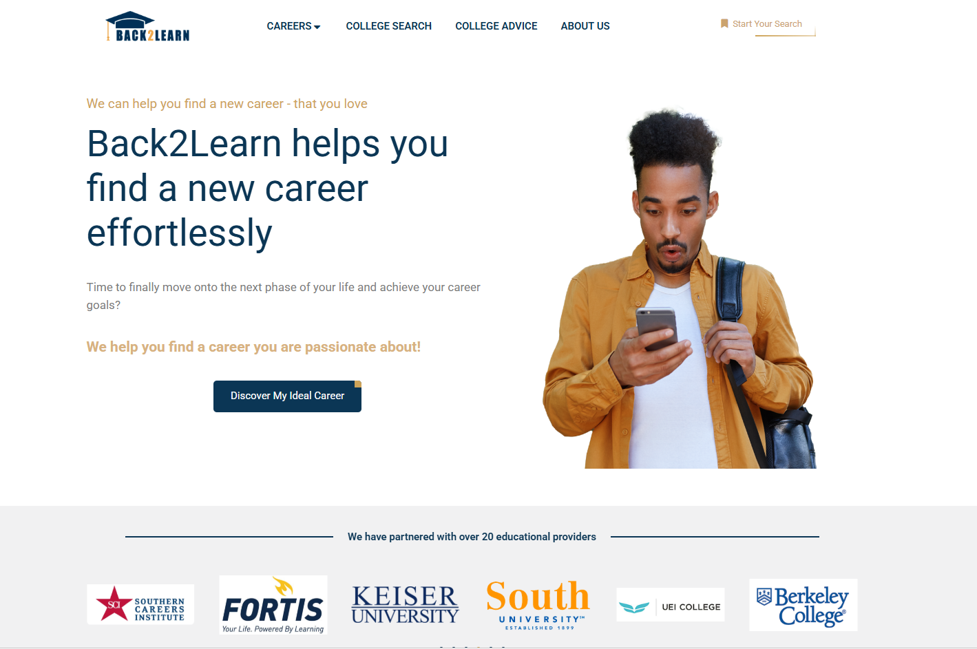 Career website homepage with headline, blue button, student holding a phone, and college logos underneath