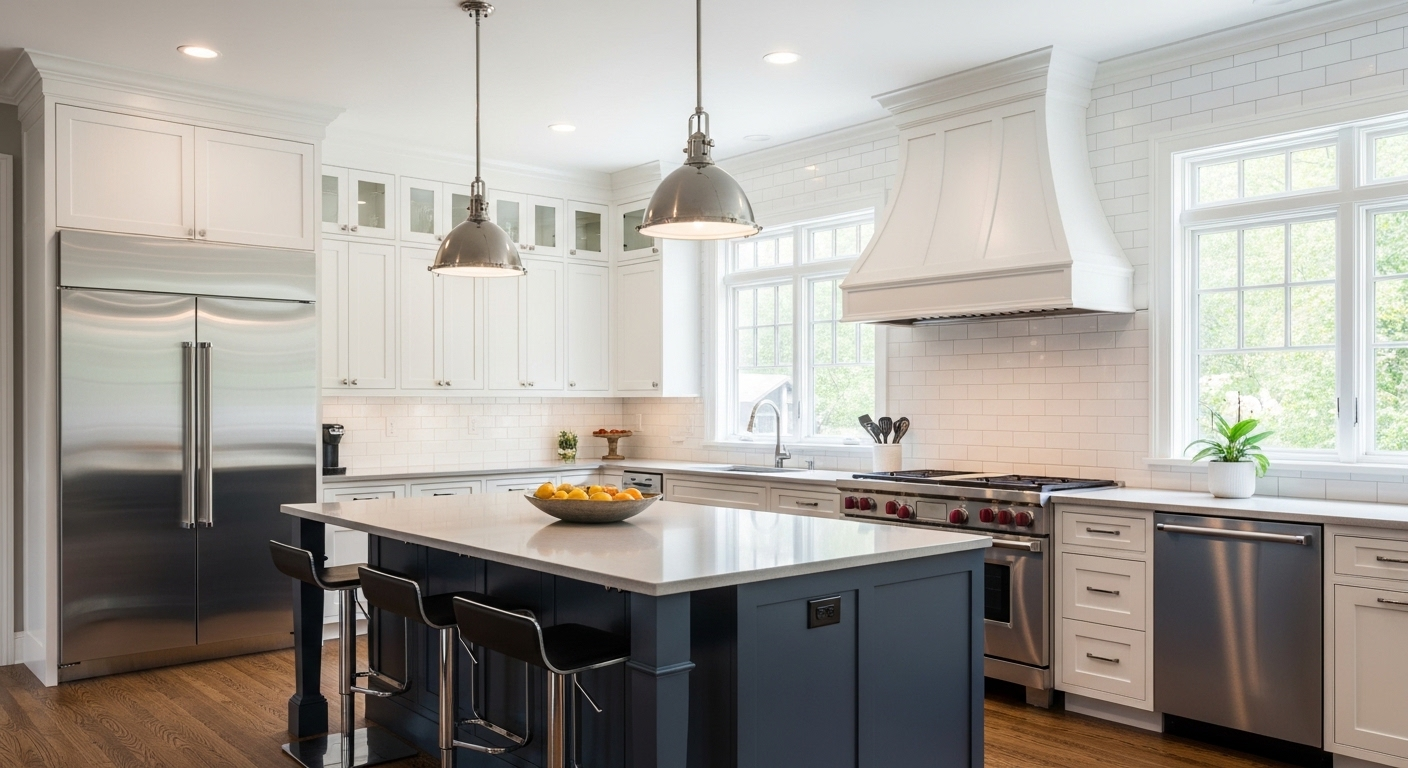Bright modern kitchen with white cabinets, stainless steel appliances, and a dark island with pendant lights.