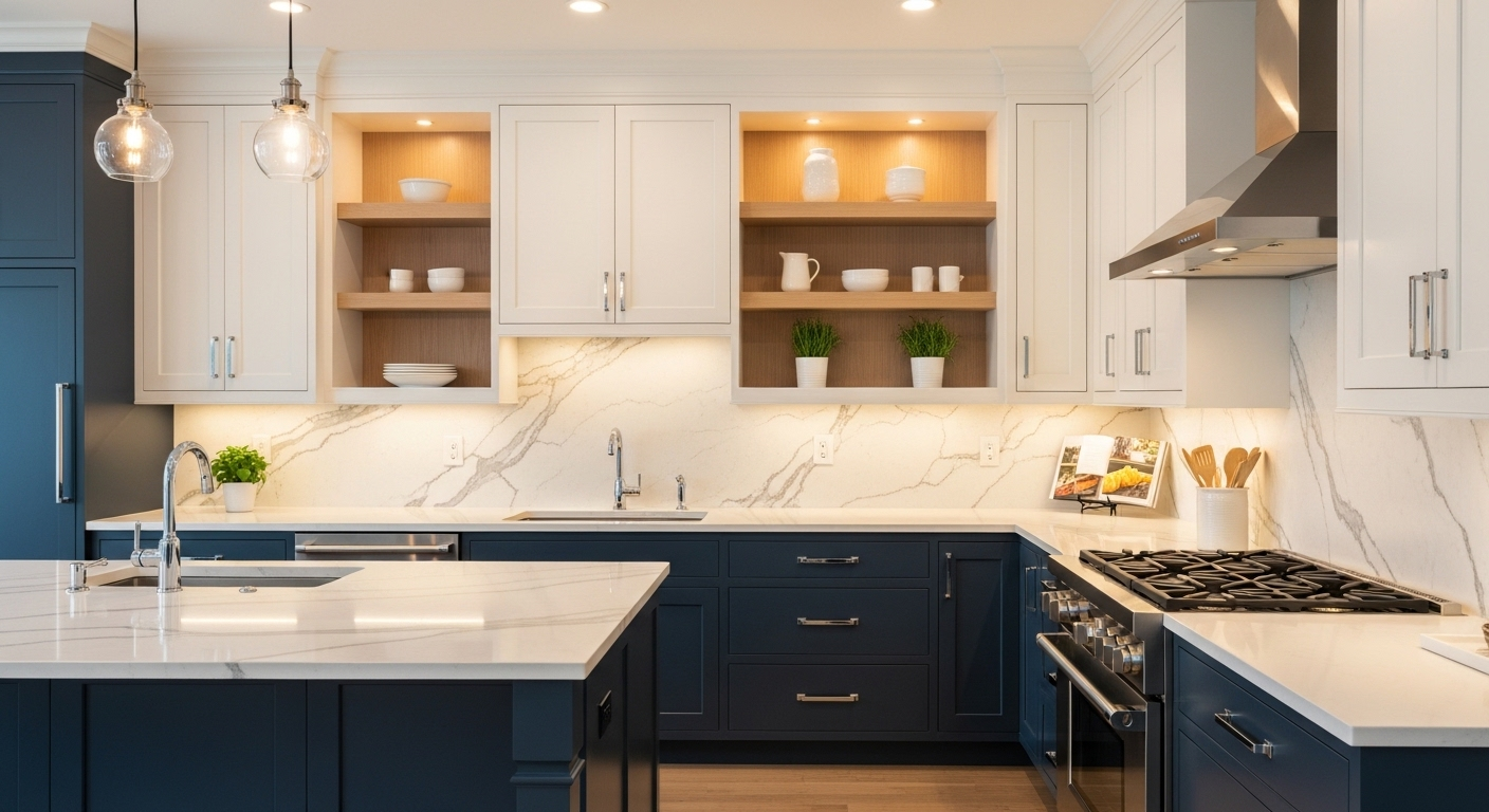 Bright modern kitchen with navy island, white cabinets, marble counters, and warm lit open shelves