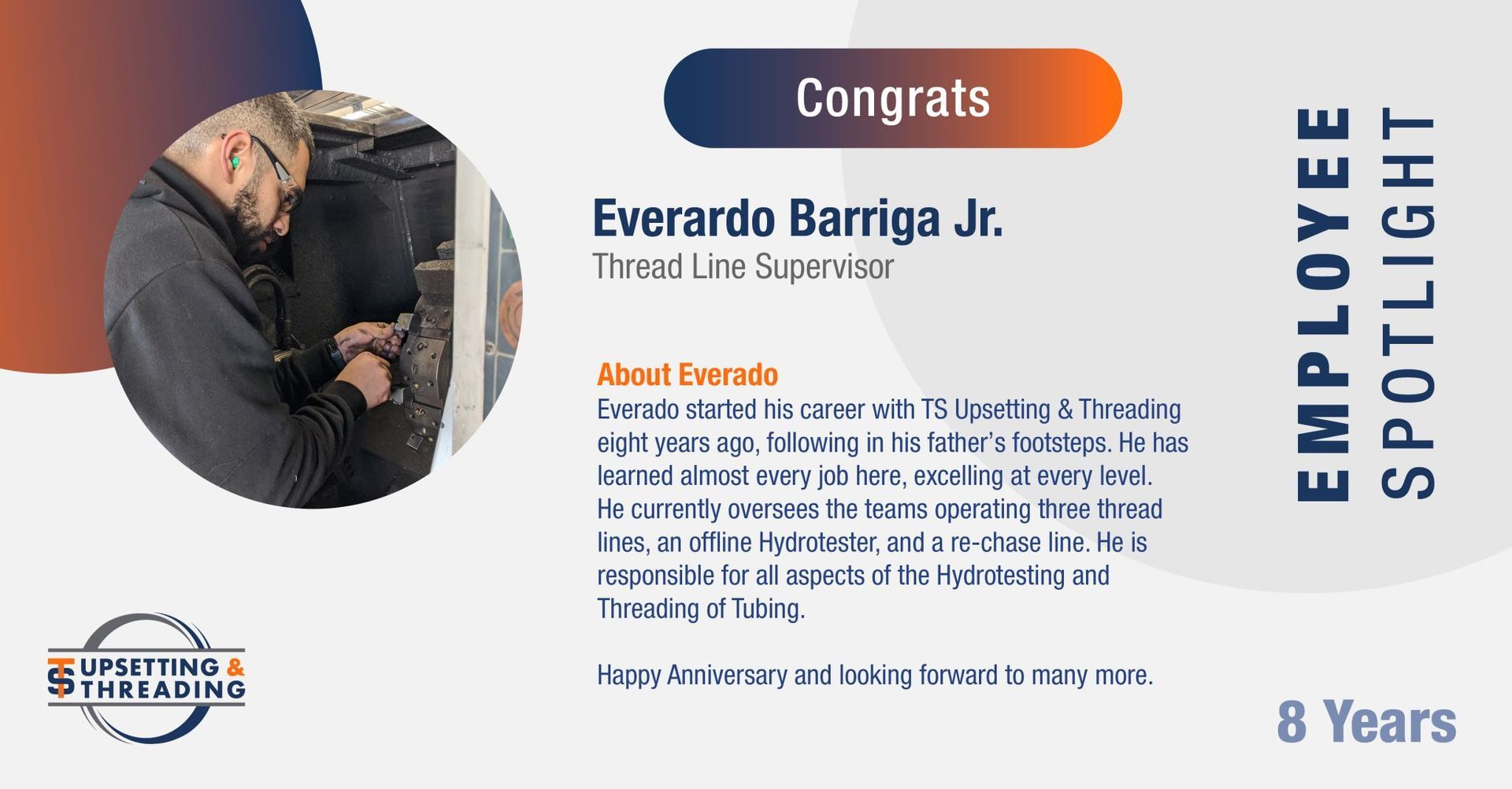 Everardo barriga jr. is an employee spotlight for 8 years