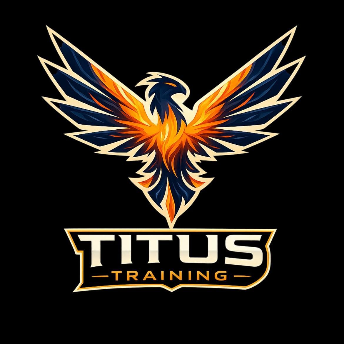 A stylized phoenix emblem in orange and blue above the text "TITUS TRAINING" on a black background.