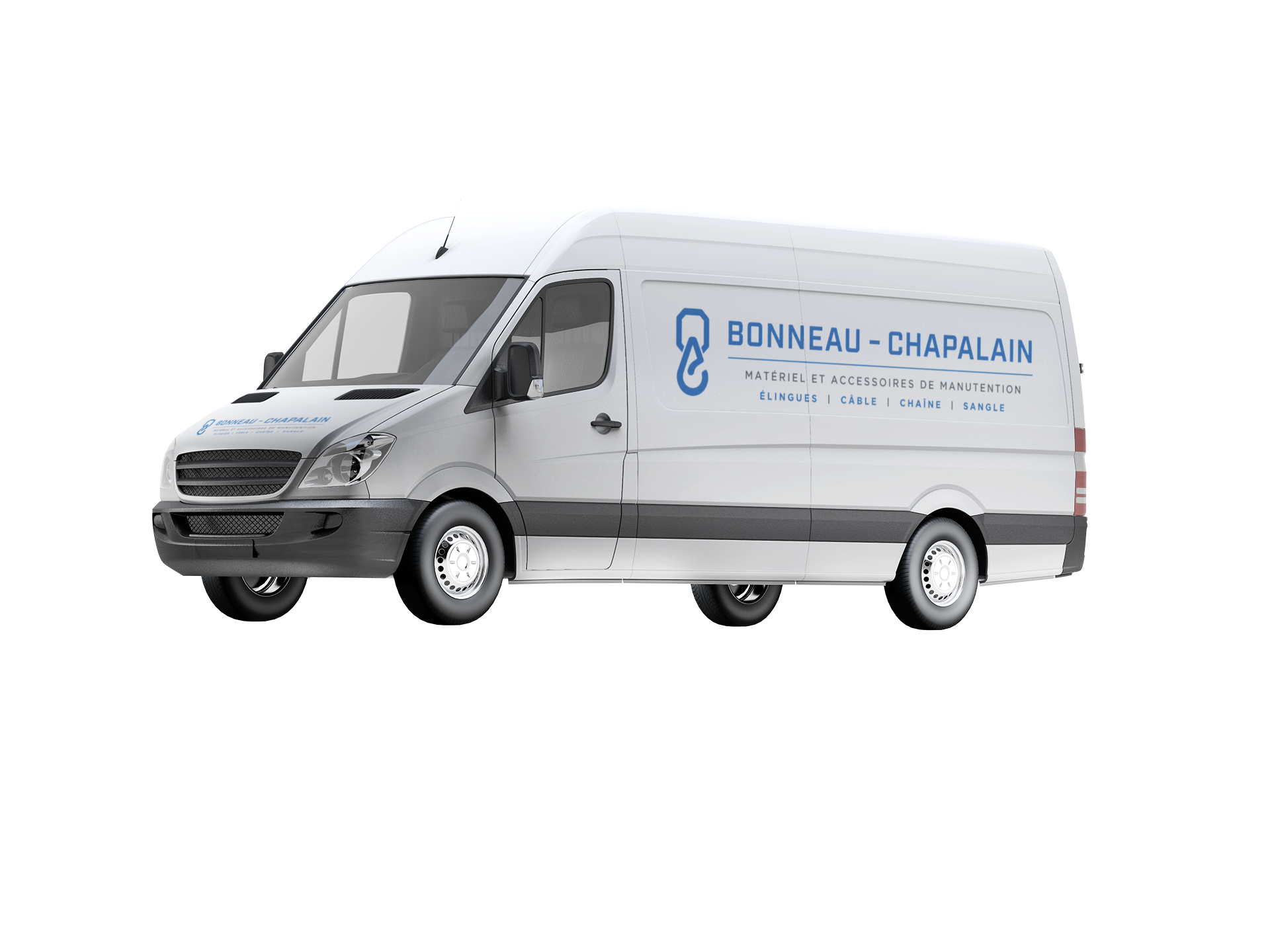 Fourgonnette blanche avec le logo M2E sur le côté.