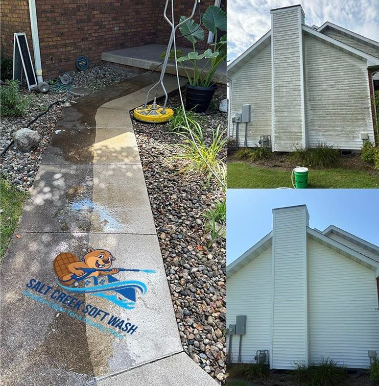 Before-and-after of house soft washing: dirty siding and walkway cleaned, with logo on the walkway.