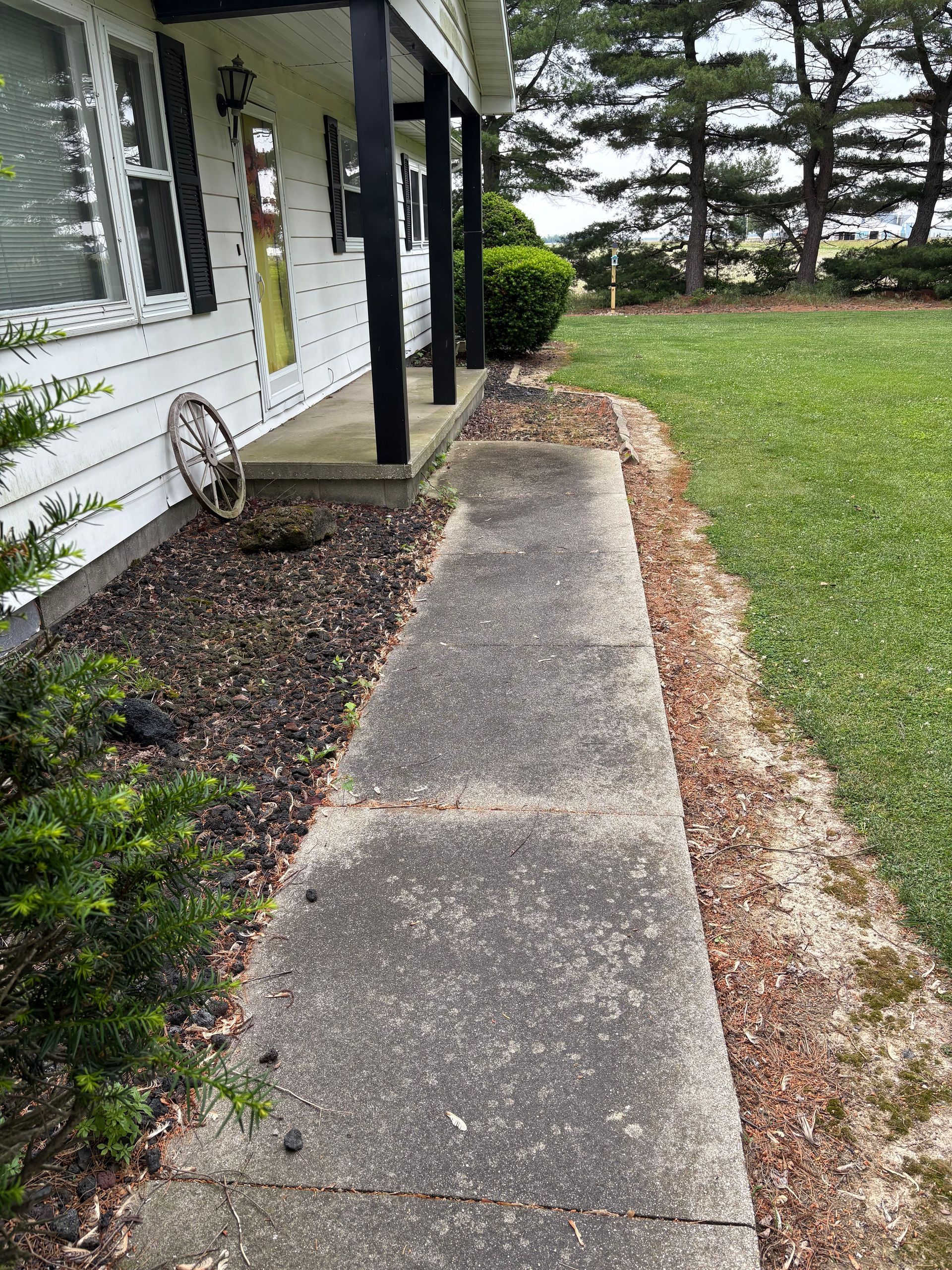 Concrete walkway beside a white house, with mulch beds and a grassy yard.