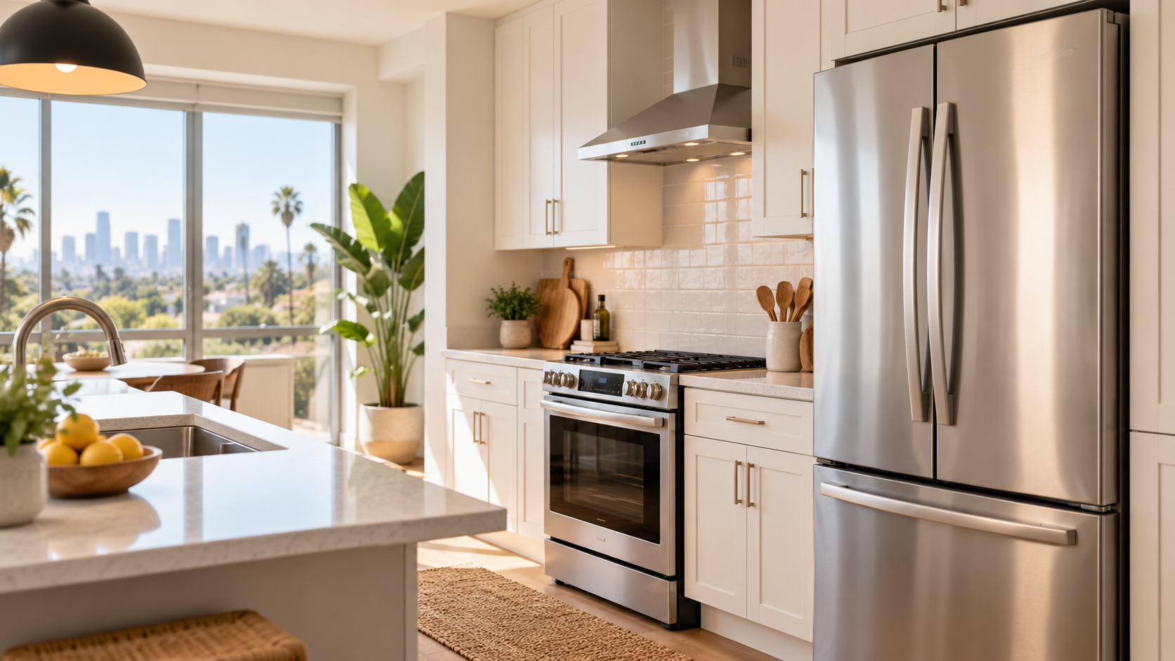 AI generated apartment kitchen illustration with a stainless steel refrigerator, stove, white cabine