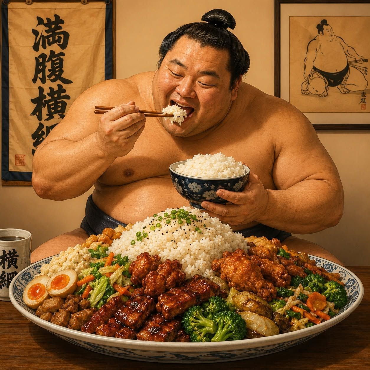 Sumo wrestler eating rice beside a huge plated meal in a Japanese-style room