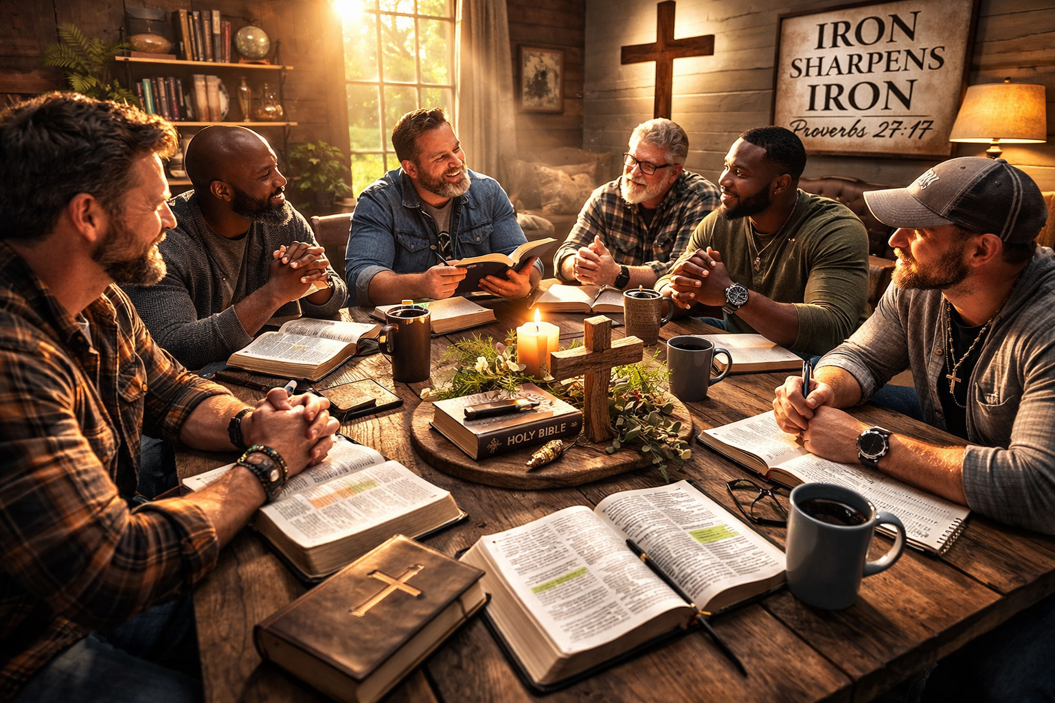 Six people sitting around a rustic wooden table reading Bibles in a room with a cross and a sign saying Iron Sharpens Iron.