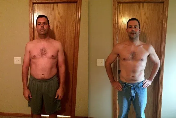 Side-by-side before-and-after photo of a man standing indoors, shirtless in the first and leaner in the second.