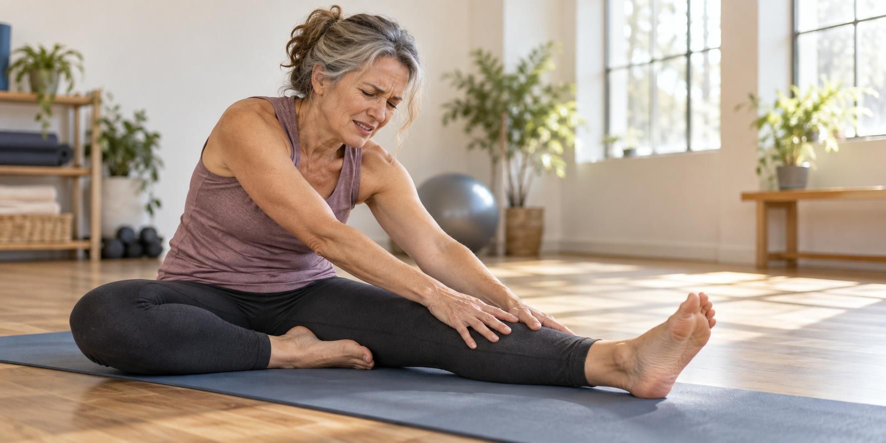 Woman stretching on a yoga mat in a bright studio, reaching toward her extended leg.