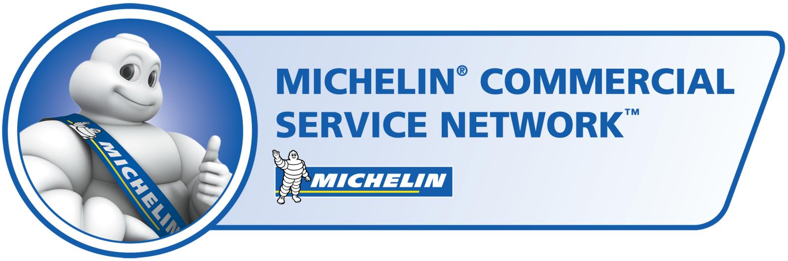 Michelin Commercial Service Network logo with Bibendum mascot on a blue-and-white banner