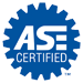 ASE Certified logo with blue gear and white text