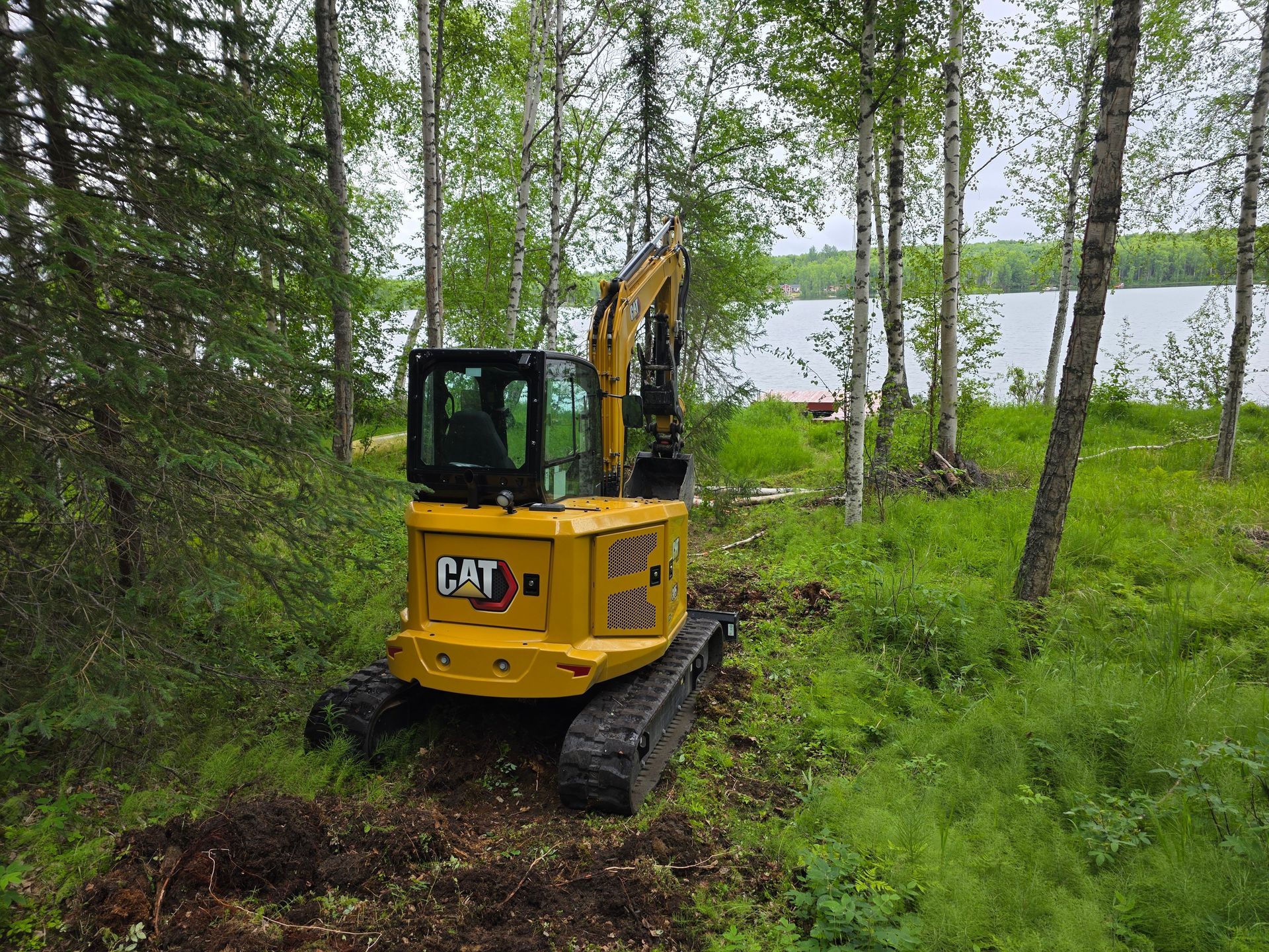 Yellow CAT excavator on muddy forest path beside a lake.