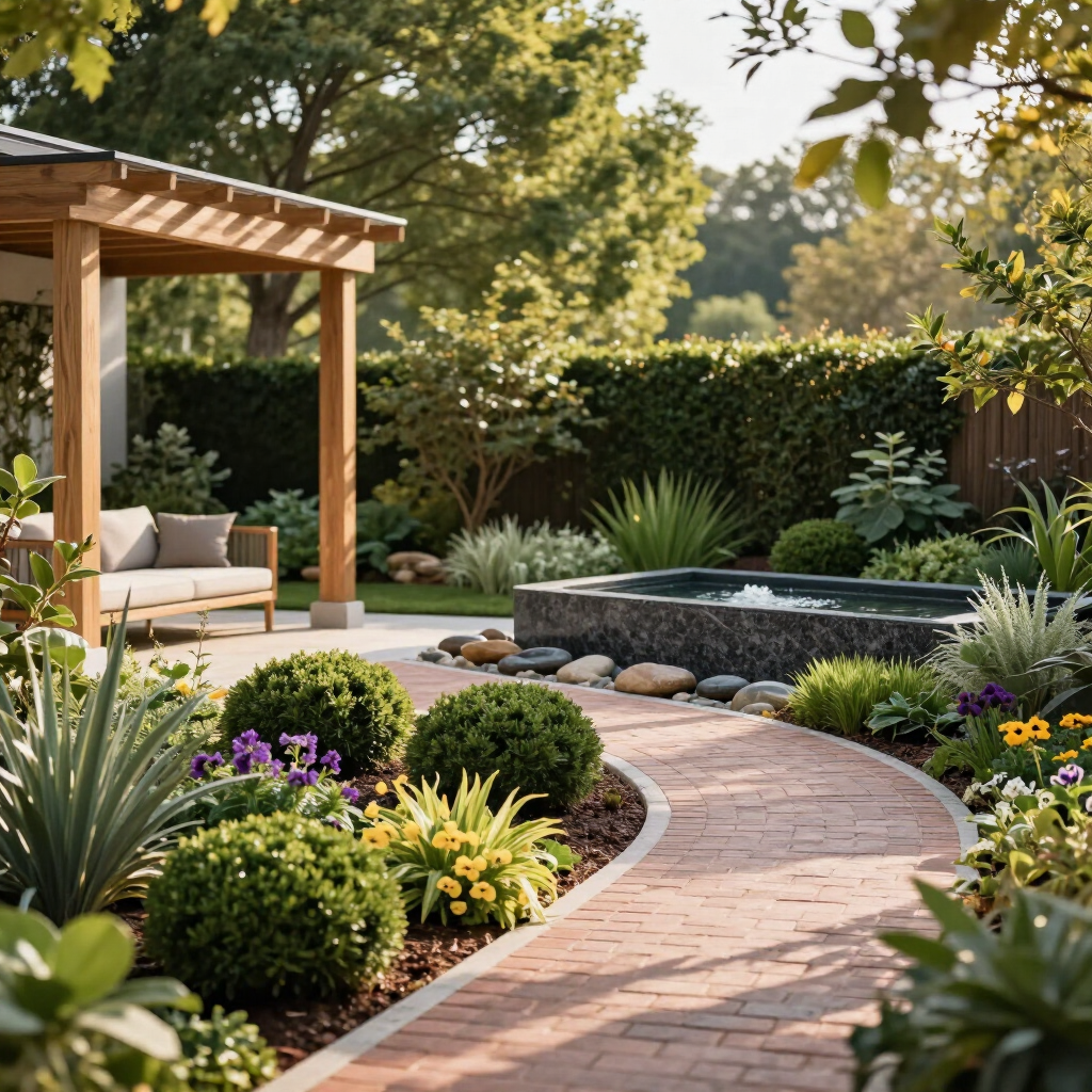 Curved brick garden path beside a wooden pergola, raised planter, and colorful flowers in a sunny backyard