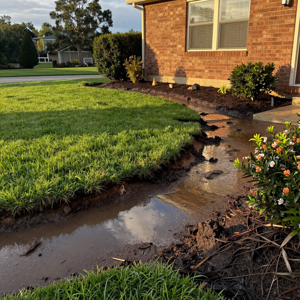 Water pooling in a muddy trench beside a brick house and green lawn at sunset.