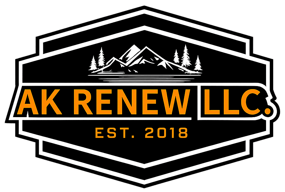 AK Renew LLC logo in orange and white on black, with mountain and trees; “EST. 2018” below