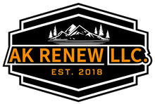 AK Renew LLC logo with orange text, mountain graphic, and “Est. 2018” on a black background