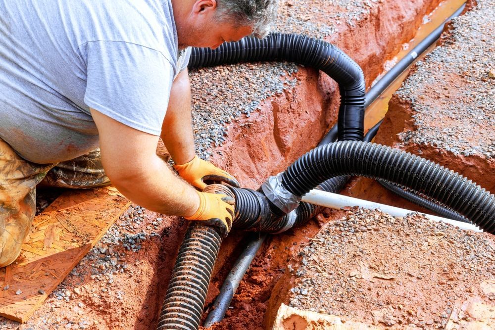 Worker connecting black drainage pipes in a muddy trench with a wrench